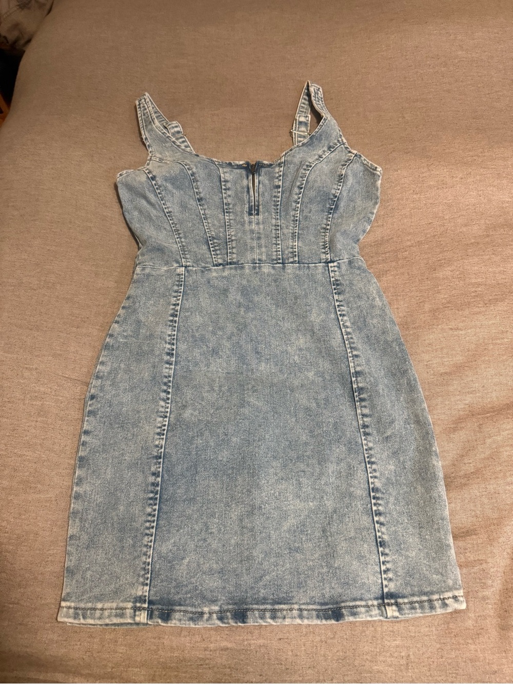Denim Mini Dress with Zip Front - Light Blue